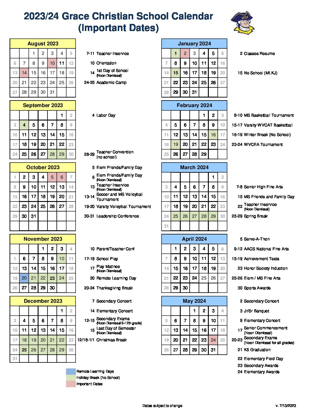 Grace Christian School calendar